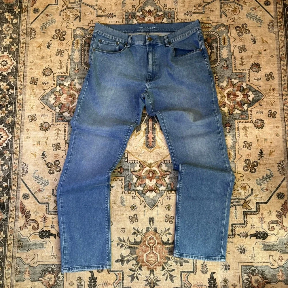 Mott & Bow Mens Slim Fit Straight Jeans Medium Wash Blue Denim W36 L32 Stretch
